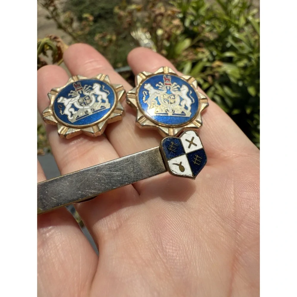 Vintage 1950s Swank Royal Crest Cufflinks & Tie Clip Crown Lion Enamel‎ Brass